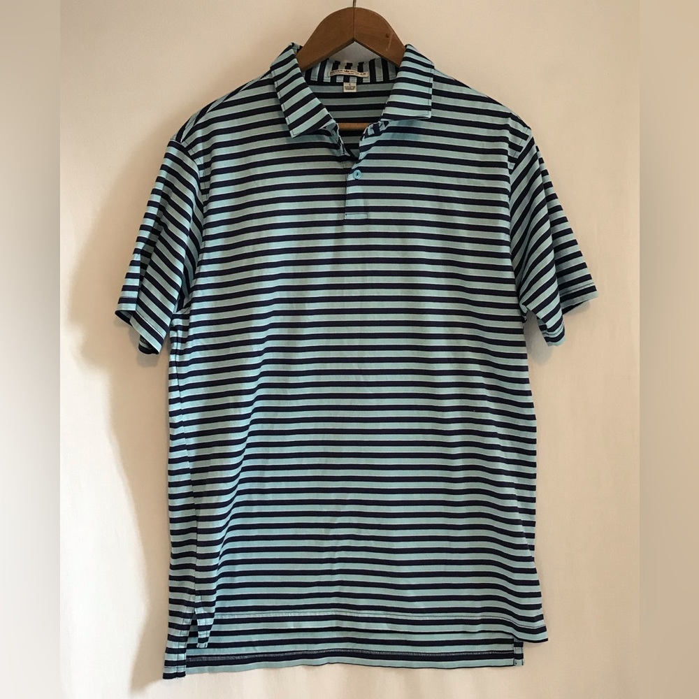 Peter Millar Contemporary Fit Golf Polo Striped Blue Large Performance Stretch